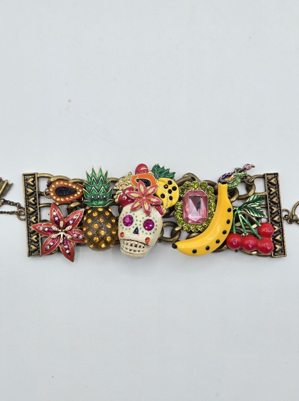 Betsey Johnson "Rio" Skull Multi-Charm Wide Toggle Bracelet Y2k